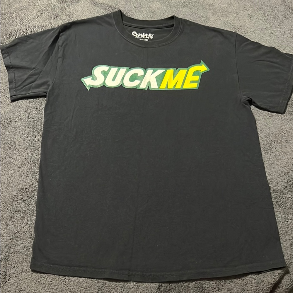 Spencer’s black tee shirt “SUCK ME” in Subway’s logo font mens large 100% cotton
